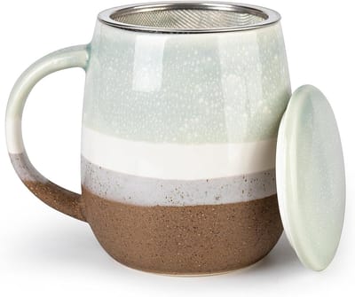 Grote keramische theekop met deksel en zeef, 400 ml, ideaal voor het trekken van thee en kruideninfusies