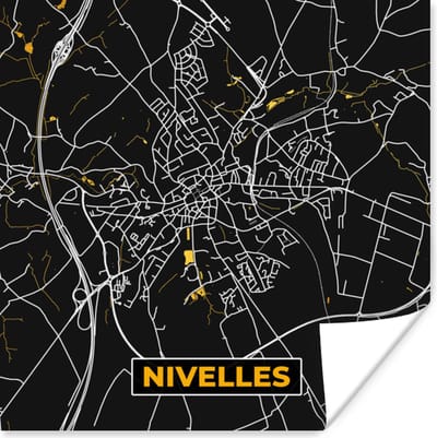 Poster Nivelles - Plattegrond - Kaart - Goud - Stadskaart - 100x100 cm XXL