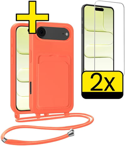 Hoesje Geschikt voor iPhone Air Telefoonhoesje Met Koord Case Pashouder Met 2x Screenprotector Siliconen - Hoes Geschikt voor iPhone Air Hoesje Met Kaarthouder - Papaya
