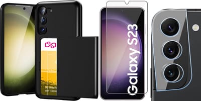 Hoesje met Pasjeshouder geschikt voor Samsung Galaxy S23 - Screenprotector GlassGuard & Camera Lens Screen Protector - Back Cover SlideCase Zwart