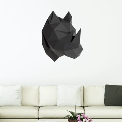 3D origami sticker van een zwarte neushoorn in profiel, 70 x 55 cm