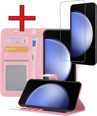 Hoesje - Met Screenprotector - Geschikt voor Samsung Galaxy S23 FE - Luxe Pasjeshouder - Flipcase - Bookcase Portemonee - Flip Case - Kunstleer Book Case - Book Cover - Walletcase - Portemonneehoes - Telefoonhoes - Lichtroze