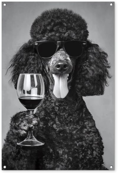 Tuinposter 80x120 cm - Tuindecoratie Hond - Krullen - Zonnebril - Wijn - Poster voor in de tuin - Buiten decoratie - Schutting tuinschilderij - Tuindoek muurdecoratie - Wanddecoratie balkondoek