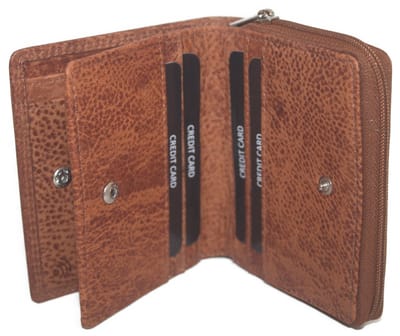 Oi cognac bruin leren rits portemonnee compact model met speels motiefje / beurs met rits voor muntgeld / kleine afsluitbare portemonnee voor 6 pasjes / beveiligd tegen skimmen / camelkleurig leer / 293Tan