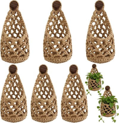 VHV - Plantenhanger - Macramé plantenhanger - Wanddecoratie - Set van 6 - Wandhanger - Voor binnen en woonkamer - 15 x 28 cm - Linnen kleur