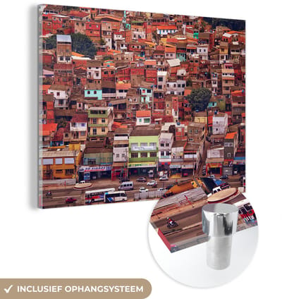 ® Glasschilderij 160x120 cm - Schilderij acrylglas - Indrukwekkende afbeelding van een kleurrijke Favela bij Salvador - Foto op glas - Muurdecoratie woonkamer - Wanddecoratie slaapkamer - Schilderijen