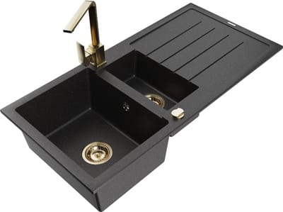 Mexen Andres granieten spoelbak 1,5-komers met afdruiprek en keukenmengkraan Rita, zwart/zilver metallic - 6515-73-670300-50