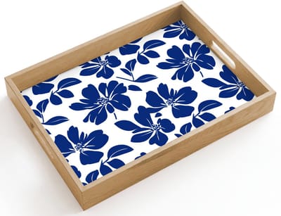 Dienblad hout 40x30 cm - Schootdienblad - Floraal - Modern - Blauw - Borrelplank rechthoek - Plateau dienbladen