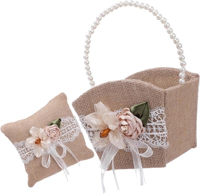 Bruiloft Set - Bloemenmand Ringkussen - Romantische Decoratie - Vintage Stijl - 14x10x23cm - Khaki