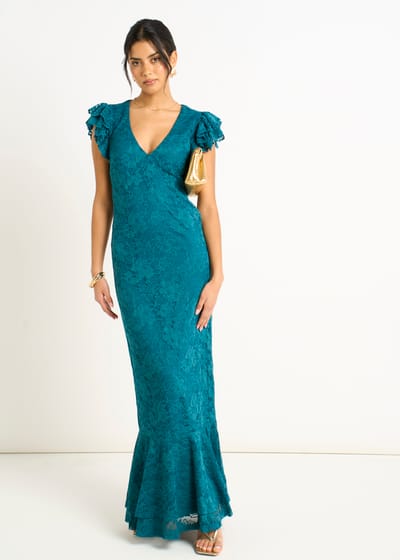 Teal Jersey Kanten V-hals Maxi Jurk met Ruches