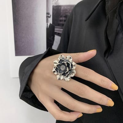 Bagues de fiançailles couleur cuivre Foxanry Nouvelle mode Créatif Exagération Fleur Vintage Punk Fête Bijoux Cadeaux Pour Femmes resizable gray