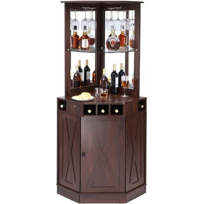 Industriële Hoekbar Kast, Wijntafel voor Sterke Dranken & Glazen, Sideboard Buffetkast met Glazenhouder, Vrijstaande Boerderij Hout Koffiebar