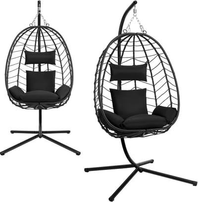 Egg Chair Hangstoel met Standaard – Ei vormige Stoel - Schommelstoel voor Tuin en Balkon – Metalen Frame – Inclusief Zitkussen en Hoofdsteun – Belastbaar tot 150 kg - Zwart