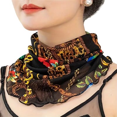 Elegante Dames Sjaal met Geprint Patroon – Zachte & Ademende Nekdoek – Luchtig en Comfortabel – Luxe Polyester Sjaal voor Dagelijks Gebruik, Reizen & Feestelijke Gelegenheden – Zwart met Goudkleurige Print – 19×41 cm