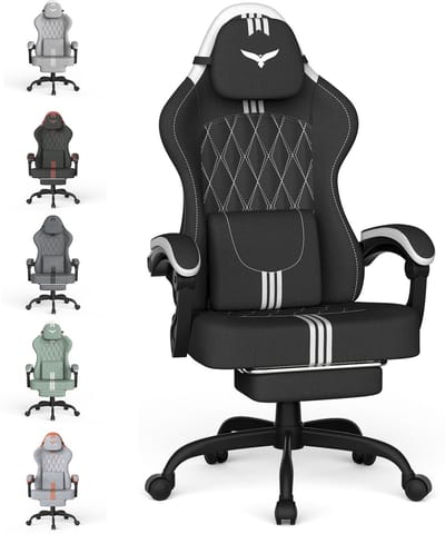Soontrans - Ergonomische Gaming Stoel - Verstelbare Gamestoel -Lendensteun - Hoofdsteun - Voetsteun - Hoogteverstelbaar & 360° Draaibaar - Ademende Stof - Multifunctioneel als Bureaustoel - Werkstoel en PC-Stoel - Zwart-wit