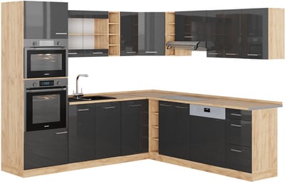 Vicco Hoekkeuken R-Line, Antraciet Hoogglans/Goudkleurig Eiken, 247 x 237 cm, WB Eik