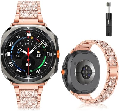 Stravo Luxe Elegante Metalen Bandje – Geschikt voor Samsung Galaxy Watch Ultra 2 (2026) / Ultra (2024/2025) – RVS Horlogeband met Diamant Strass – inclusief inkortset (Rosé goud)