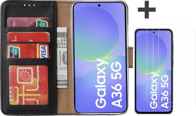 Hoesje met 3 Stuks Screenprotectors Geschikt voor Samsung Galaxy A36 – Arara bookcase met pasjeshouder - Zwart