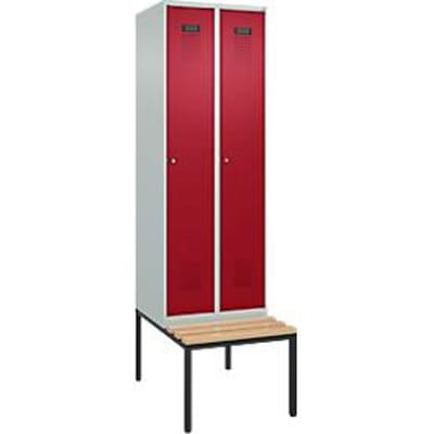 C+P Evolo Plus garderobekast, 2 vakken van elk 300 mm breed, bank eronder, B 600 x D 815 x H 2120 mm, cilinder, lichtgrijs/ruy rood
