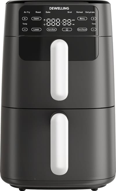 Airfryer 10L dubbele stapel - 2700W Snel opwarmen - Heteluchtfriteuse met 2 kamers - 6-in-1 Functies - Max 230°C - Zwart - Ruimtebesparend ontwerp - Receptenboek - PFAS-vrij