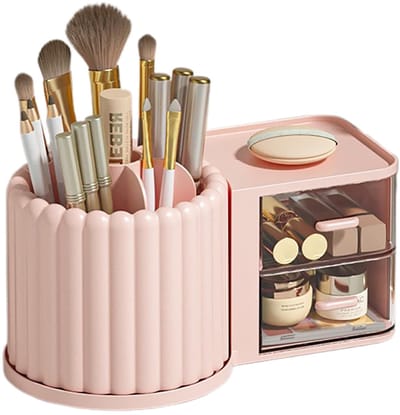 1 x Opbergdoos - Draaibare bureau-organizer - Multifunctionele organizer voor potloden, cosmetica en kleine voorwerpen - Met lade - Geschikt voor op kantoor of op het nachtkastje - roze