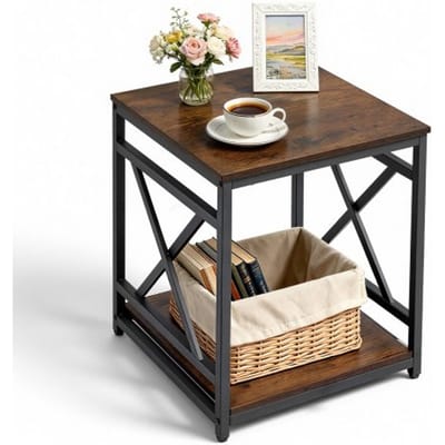 VEVOR Bijzettafel, Nachtkastje met 2 Niveaus en Open Planken, Modern Nachtkastje met X-vormig Metalen Frame, Houten Salontafel voor Woonkamer, Slaapkamer, Kantoor, Bruin/Zwart