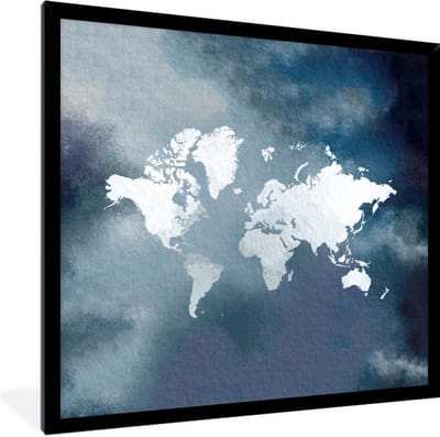 Poster in lijst - Fotolijst 40x40 cm - Posters - Wereldkaart - Waterverf - Blauw - Posterlijst zwart - Decoratie - Wanddecoratie woonkamer - Muurdecoratie slaapkamer
