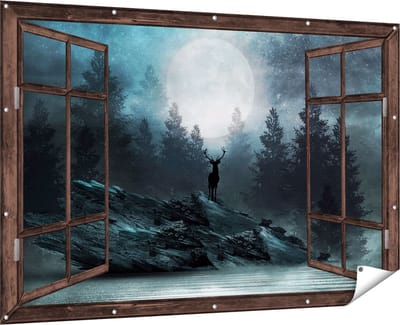 Gards Tuinposter Doorkijk Hert op een Rots tijdens Volle Maan - 180x120 cm - Tuindoek - Tuindecoratie - Wanddecoratie buiten - Tuinschilderij