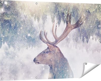 Gards Tuinposter Hertenkop - Hert op een Bomen Achtergrond - 120x80 cm - Tuindoek - Tuindecoratie - Wanddecoratie buiten - Tuinschilderij