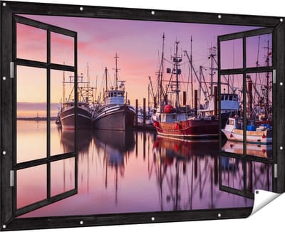 Gards Tuinposter Doorkijk Schepen in de Haven - Boten - 180x120 cm - Tuindoek - Tuindecoratie - Wanddecoratie buiten - Tuinschilderij