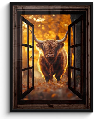 Poster in lijst - Fotolijst 50x70 cm - Posters - Schotse hooglander - Bos - Herfst - Dieren - Natuur - Bladeren - Doorkijk - Posterlijst zwart - Decoratie - Wanddecoratie woonkamer - Muurdecoratie slaapkamer