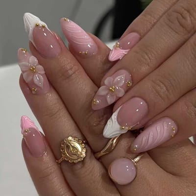 24 stuks/Set Elegante Gradiënt Roze & Witte Amandelvormige Nagelsickers Met 3D Bloemen- & Parel Decoratie, Geschikt Voor Meisjes/Vrouwen Voor Dagelijks gray