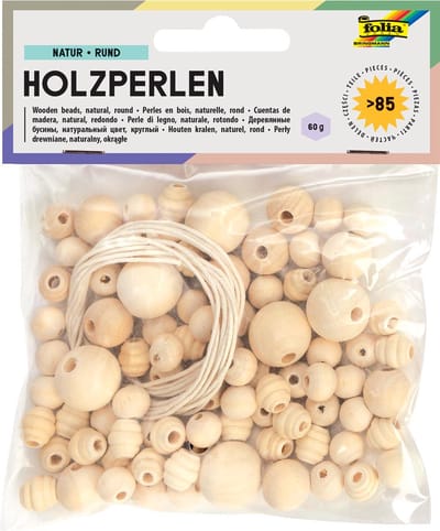 Folia houten parels | natuur | blister van 84 stuks in geassorteerde maten