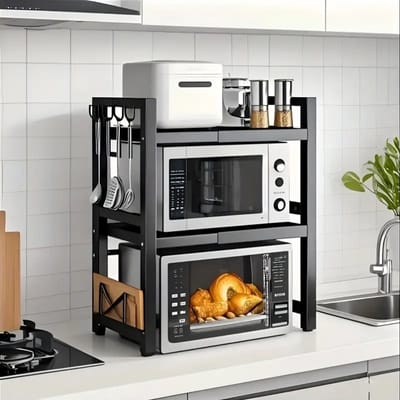 Uitbreidbaar magnetronrek (zwart) met 6 haken Magnetronrek - keuken opslag organizer 3-laags keukenrek Staand Flexibel Uitschuifbaar van 40-60 cm voor werkblad Magnetronrek Keukenrek