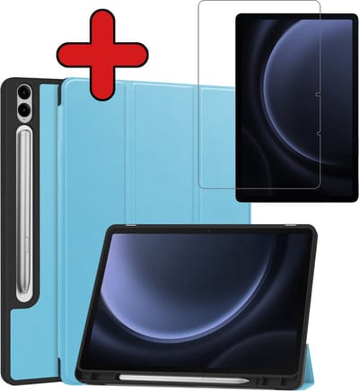 Hoesje - Geschikt voor Samsung Galaxy Tab S9 FE Plus - Met Screenprotector - Trifold Bookcase Hoes - Hard Cover Case - Met Uitsparing Geschikt voor S Pen - Hardcover Book - Tablethoes - Lichtblauw