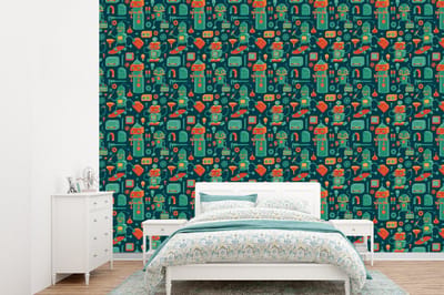 Behang - Fotobehang Patroon - Robot - Skateboard - Jongens - Kinderen - Kids - Baby - Breedte 360 cm x hoogte 260 cm