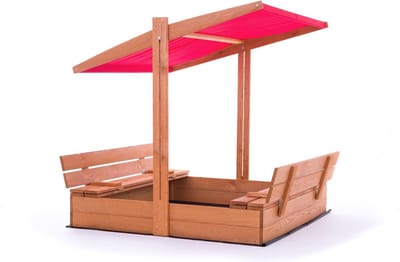 Zandbak van hout met rood dak en bankjes - 120x120 cm - Viking Choice