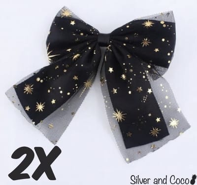 SilverAndCoco® - 2 Zwart Gouden Haar Strikken met Glitter / Elastiek Haarband Festival Scrunchies / Zwarte Brede Haarstrik Glitters / Knip Haarelastieken met Lint Dames Meisje / Goud Elastische Knipje Kerst Feest Oud en Nieuw Haarbanden