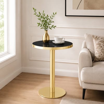 Bijzettafel - Rond Design Met Marmerlook Blad En Gouden Rvs Onderstel - Voor Woonkamer En Slaapkamer - Zwart Goud - 60x60x73,5 Cm