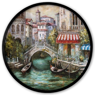Poster in lijst Rond - Fotolijst 40x40 cm - Posters - Schilderij - Olieverf - Water - Gracht - Italië - Ronde posterlijst zwart - Decoratie - Wanddecoratie woonkamer - Muurdecoratie slaapkamer
