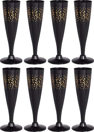 EH Prosecco/champagneglazen - 8x - zwart/goud - kunststof - 130 ml - herbruikbaar