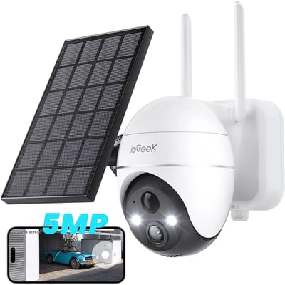 ieGeek 5MP Beveiligingscamera Braadloos Buiten - Zonne Energie Kamera - Draadloos Wifi - 360° PTZ - Werkt op Batterijen - Tschijnwerper en Sirene - Bewegingsdetectie - Kleuren-Nachtzicht - 2-Weg Audio - IP65 - Werkt met Alexa