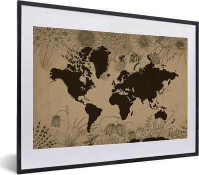 Poster in lijst - Fotolijst 60x40 cm - Posters - Wereldkaart - Vintage - Zwart - Posterlijst zwart - Decoratie - Wanddecoratie woonkamer - Muurdecoratie slaapkamer