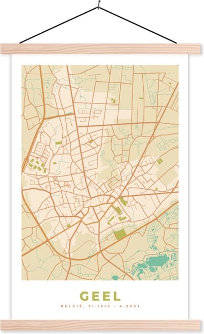 Posterhanger incl. Poster 40x60 cm - Schoolplaat - Stadskaart - Vintage - Plattegrond - Kaart - Geel - Textielposter - Blanke latten - Stadskaart