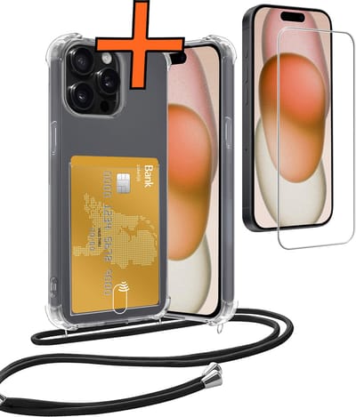 Hoesje Geschikt voor iPhone 15 Pro Hoesje Met Telefoonketting Pasjeshouder Shockproof Case Met Screenprotector Koord - Hoesje Geschikt voor iPhone 15 Pro Hoes Met Kaarthouder - Transparant