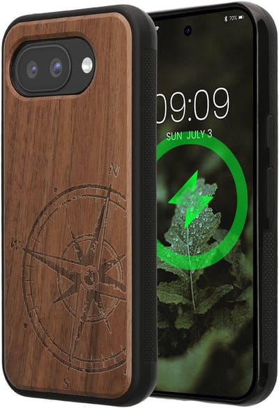 kwmobile Echt Houten Beschermhoes voor Google Pixel 10a – Hout & TPU Cover – hout Vintage Kompas design