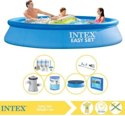 Intex Rond Opblaasbaar Easy Set Zwembad - 305 x 61 cm - Blauw - Inclusief Pomp - Afdekzeil - Onderhoudspakket - Filter - Stofzuiger - Vloertegels - 7-delig