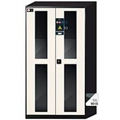 asecos CS-CLASSIC-GF chemische voorraadkast, scharnierende deuren met glasuitsparing, voorkant zuiver wit, B 1055 x D 520 x H 1950 mm