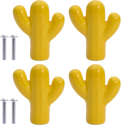 Set van 4 Keramische Deurgrepen in Cactusvorm voor Meubels, Laden en Keukenkastjes - Kindvriendelijk en Speels Ontwerp (Geel)