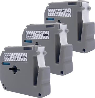 DULA Brother Compatible label tape- M-K131 - 3 cassettes - Brother P-Touch - Zwart op transparant - 12mm x 8m